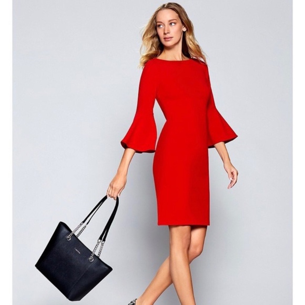 New York and Company Red Orange sheath dress with 3/4 bell sleeves size S